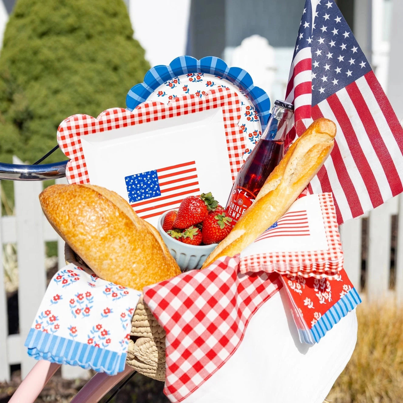 Red gingham flag party tableware for 4th of July table