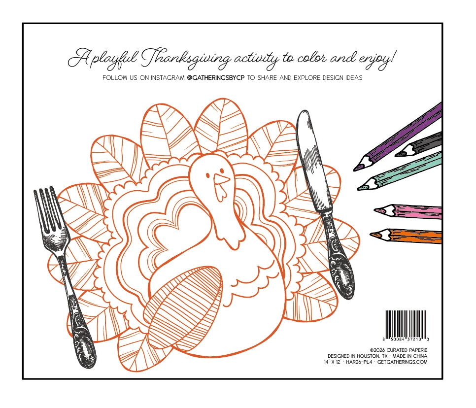Thanksgiving kids activity placemat featuring a large turkey to color