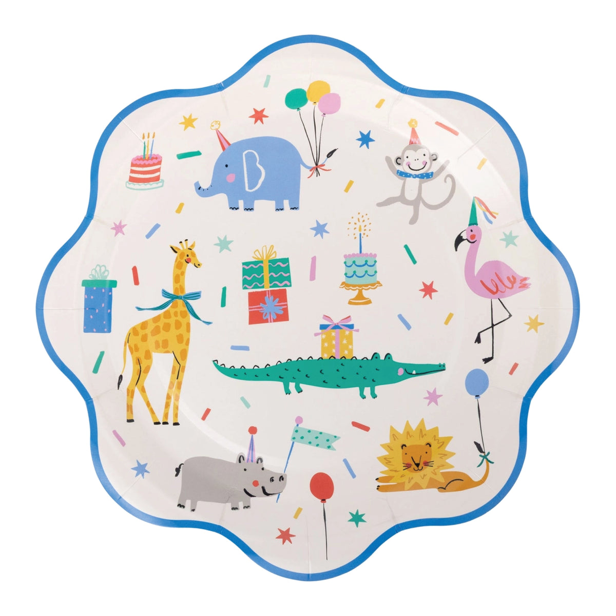 Colorful scalloped-edge animal party plate