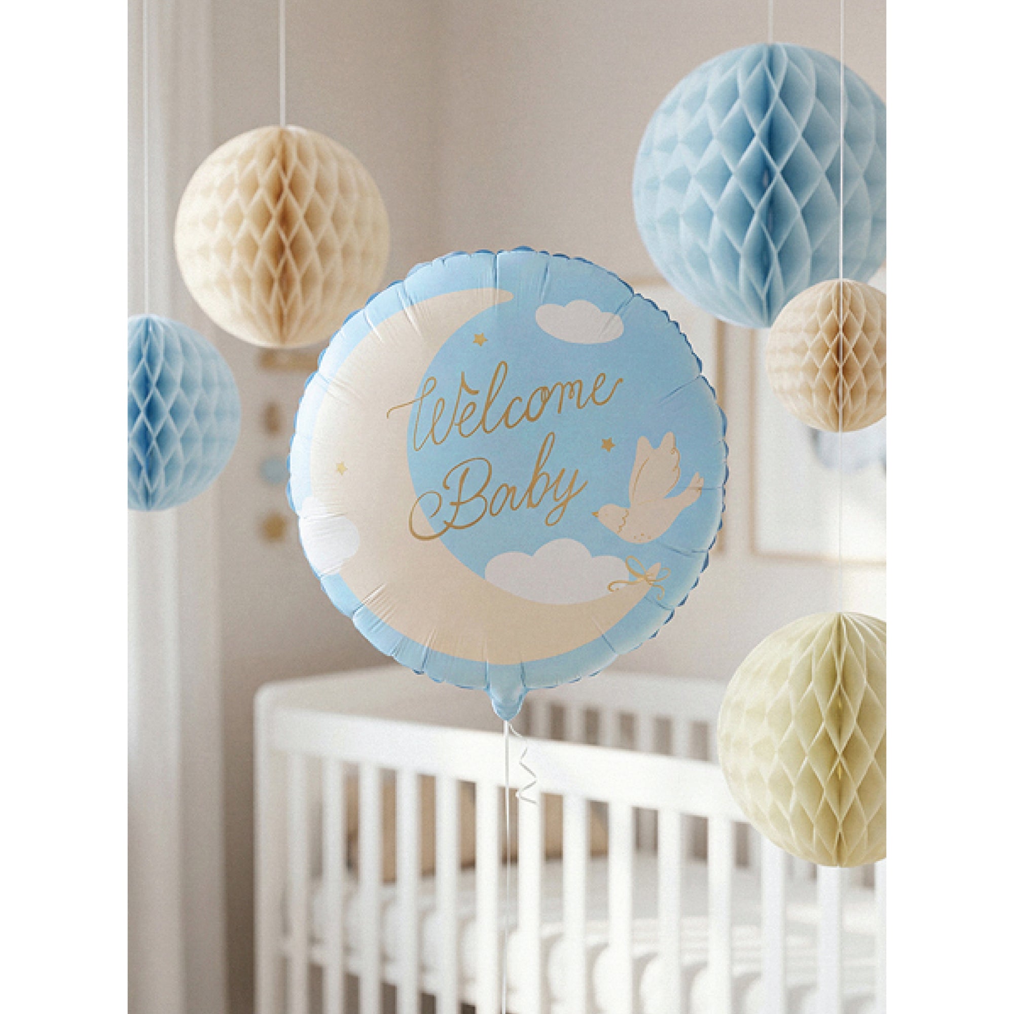 Round blue baby shower balloon with Welcome Baby script