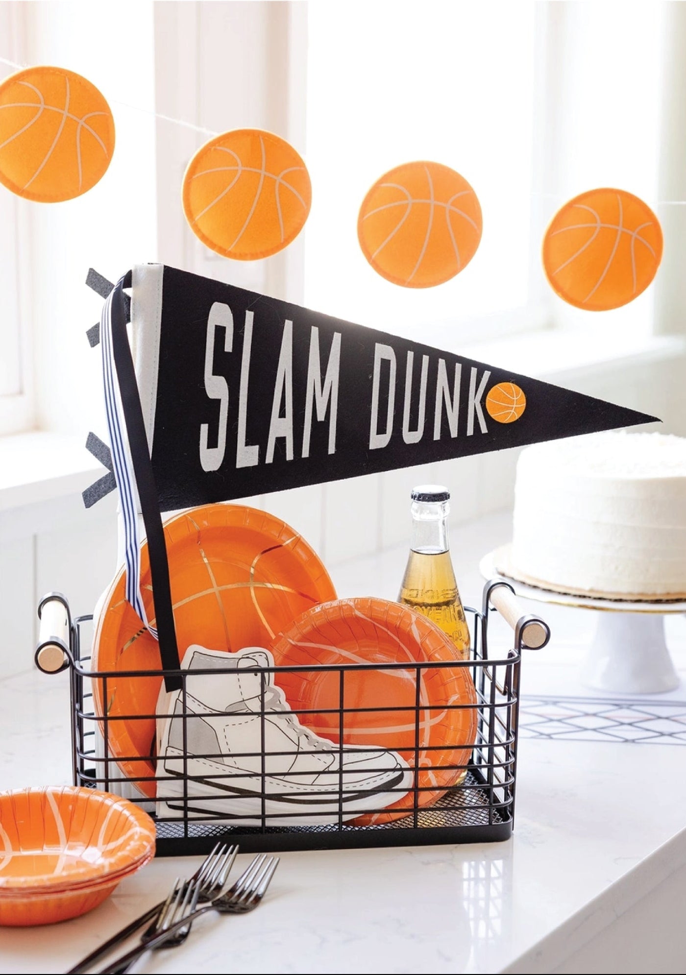 Basketball themed felt pennant with wooden dowel