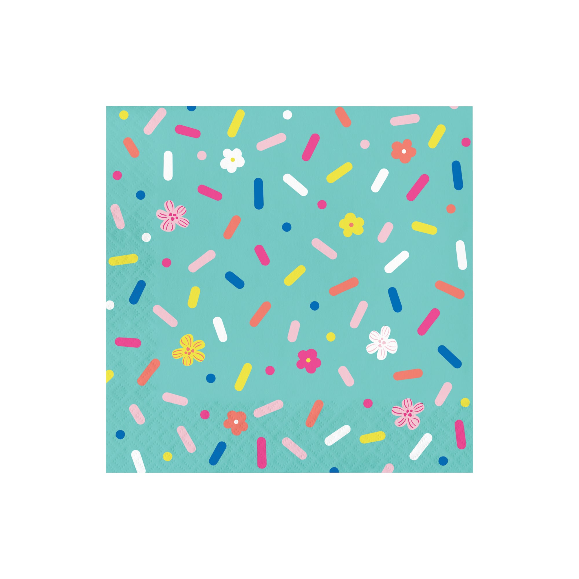 Double-sided birthday napkin with sprinkle pattern on aqua background