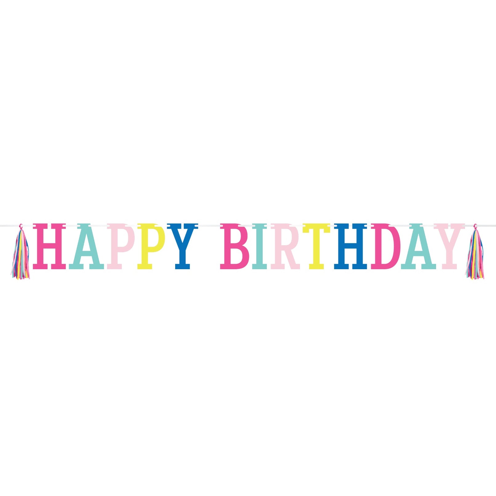 Colorful Happy Birthday banner with tassel accents