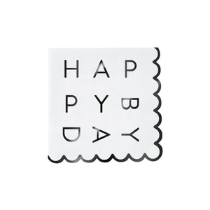 Black Foil Happy BDay Scalloped Dessert Napkins 20ct | The Party Darling