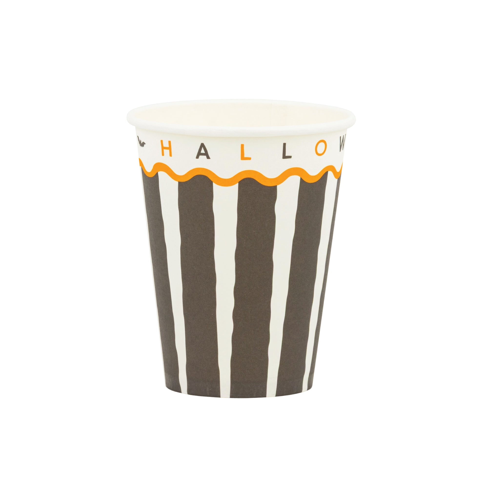 Black and cream striped paper Halloween cup with orange accent