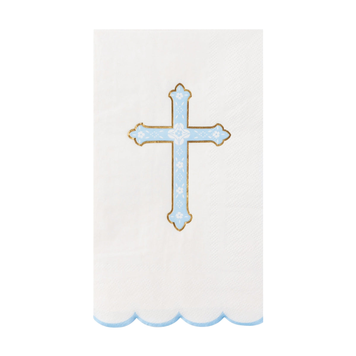 Cream paper guest towels with blue cross and gold foil detail