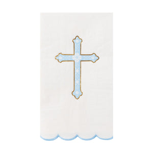 Cream paper guest towels with blue cross and gold foil detail