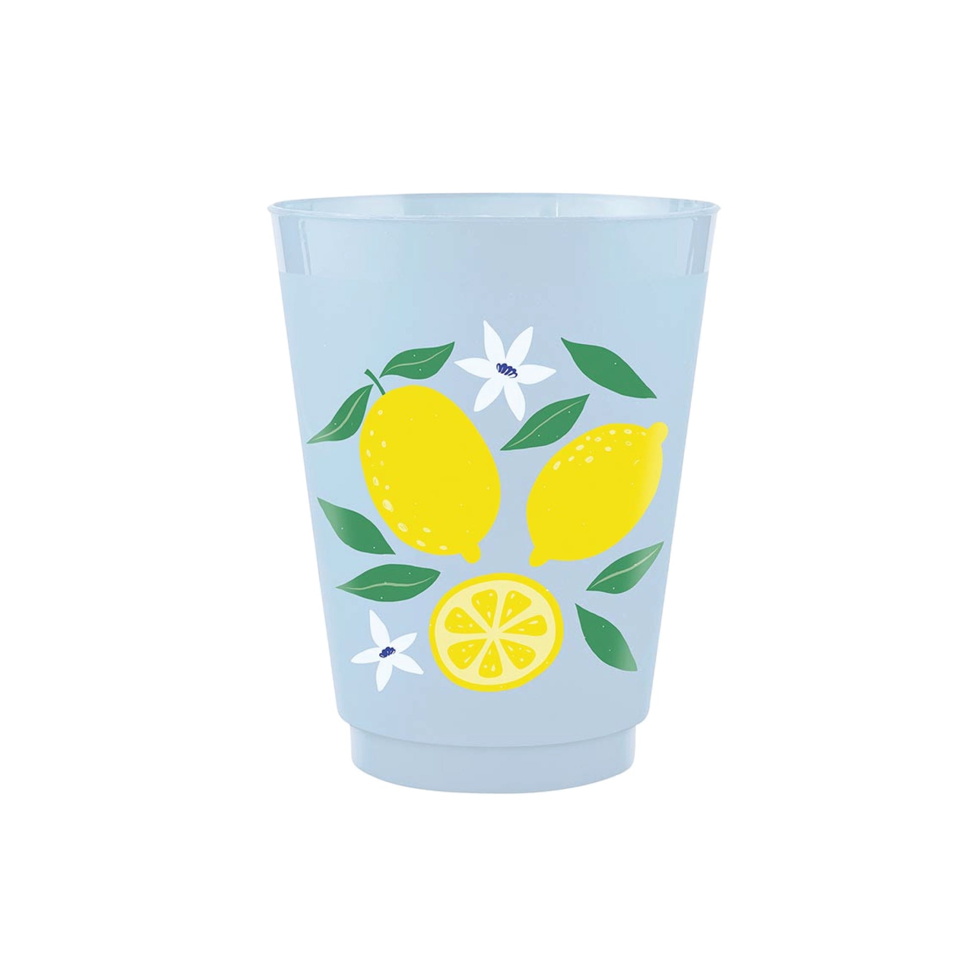 Blue frosted plastic cup with yellow lemon and green leaf design