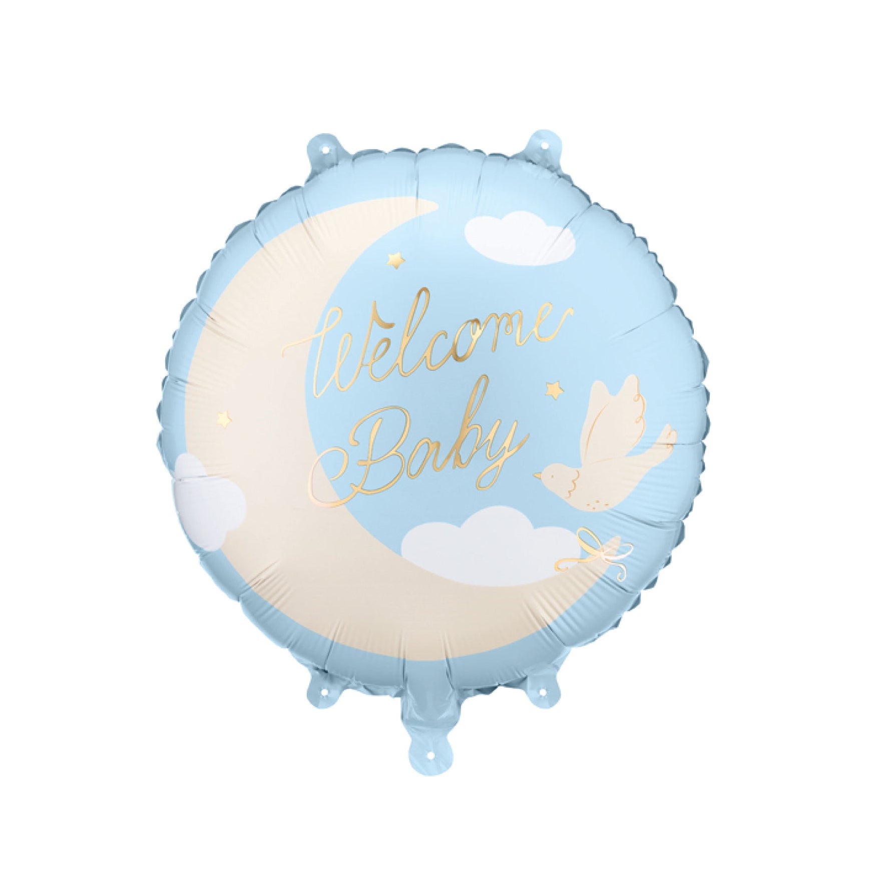 Blue Welcome Baby foil balloon with gold moon and clouds