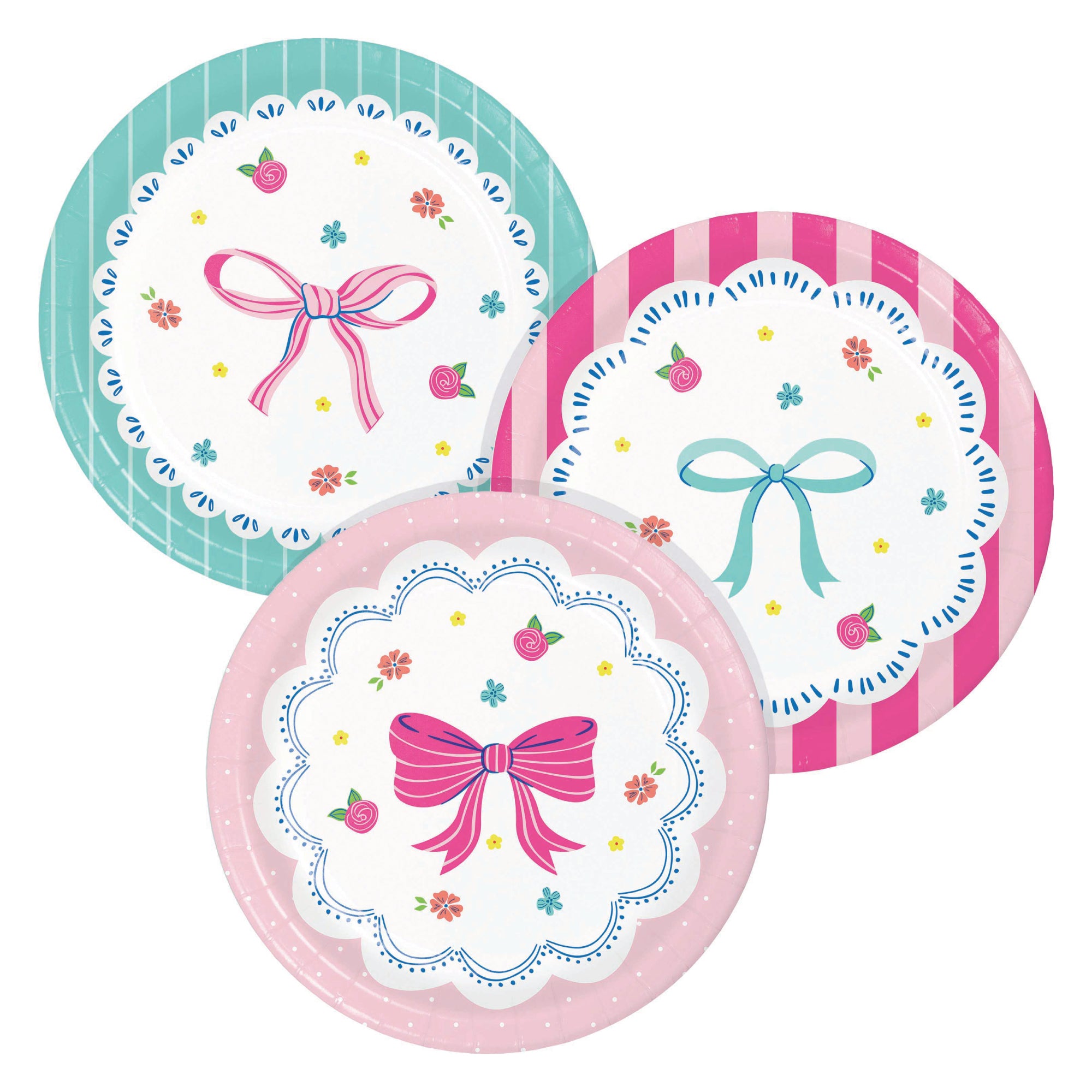 Assorted dessert plates with bow illustrations and floral accents