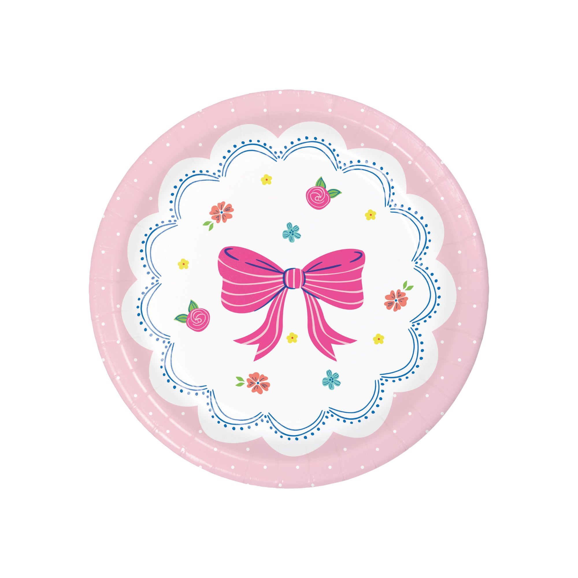 Round paper dessert plates in pink and aqua bow-themed designs