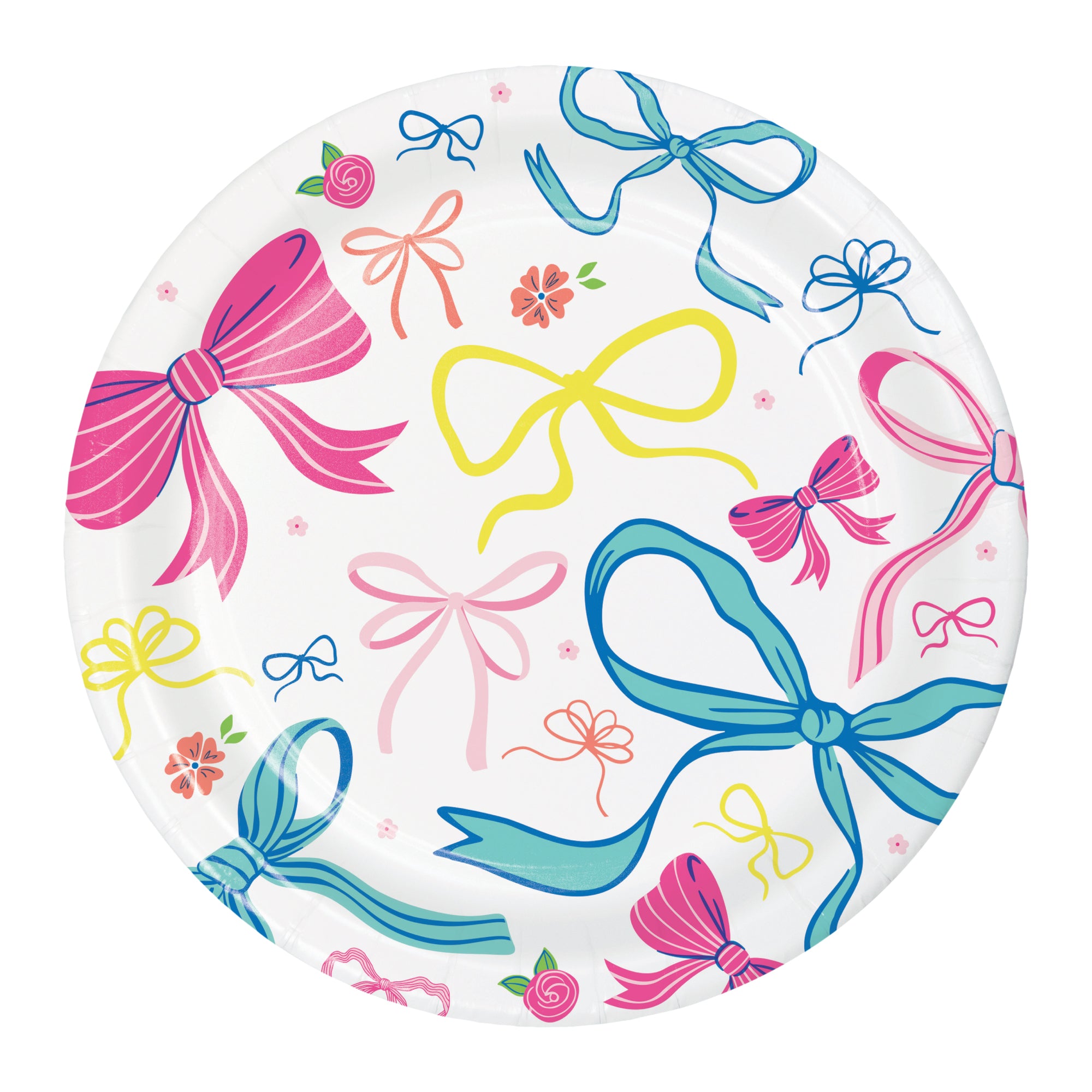 Round paper lunch plate with colorful bow illustrations