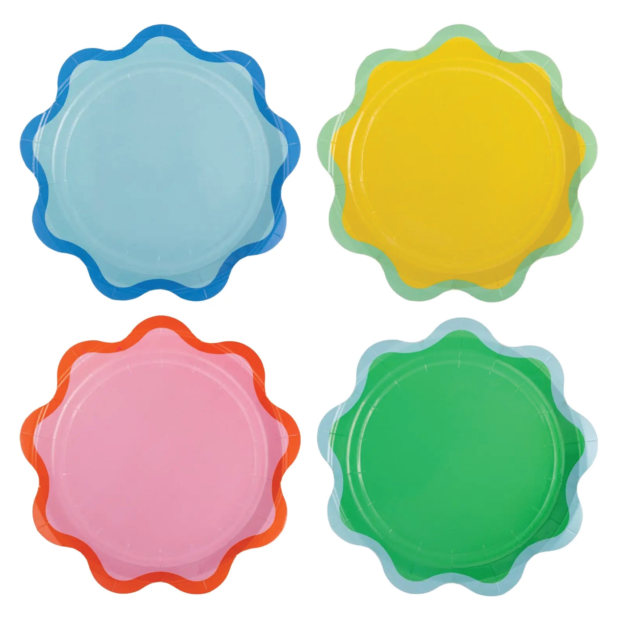 Assorted birthday dessert plates in four bright color combinations