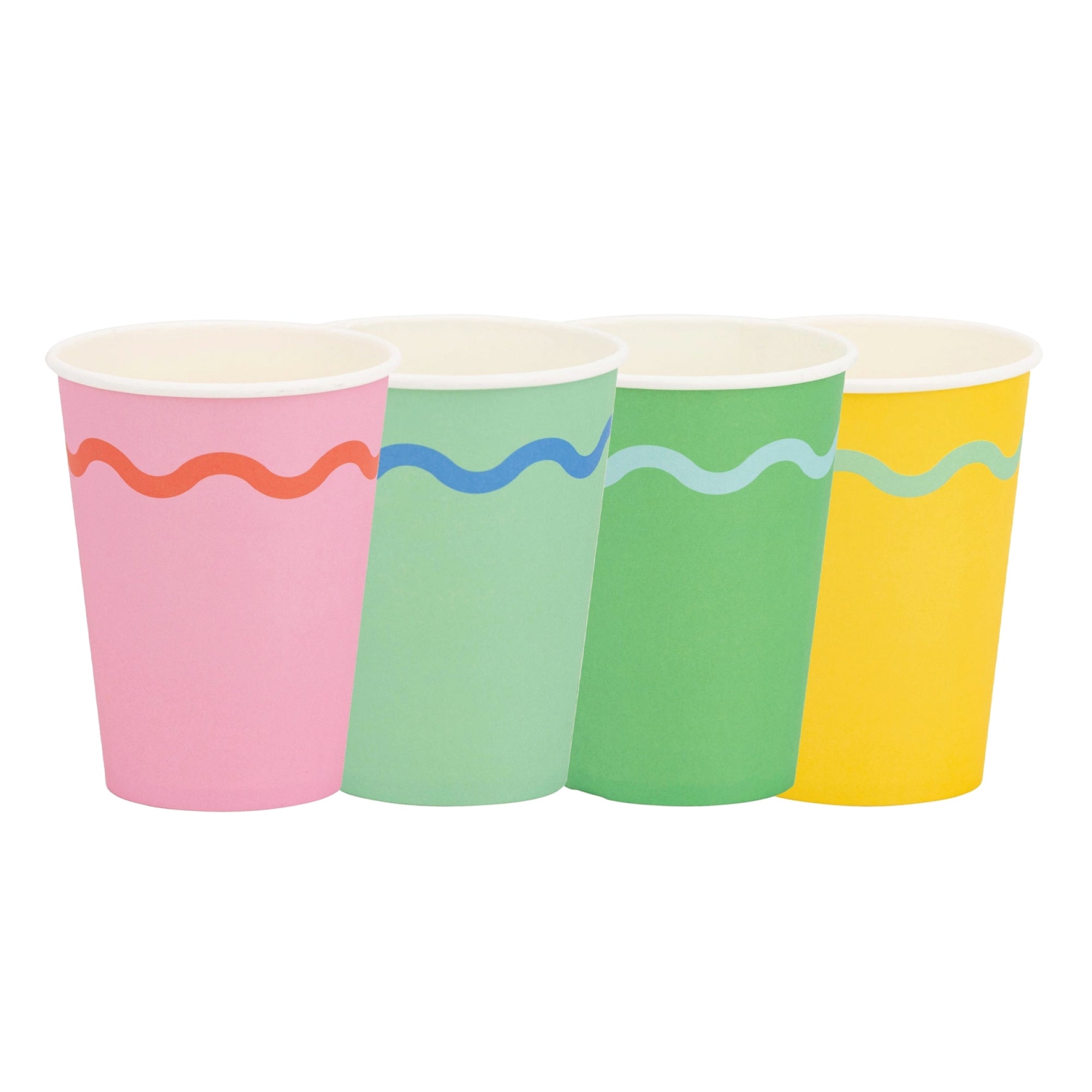Colorful paper party cups in pink, green, mint, and yellow