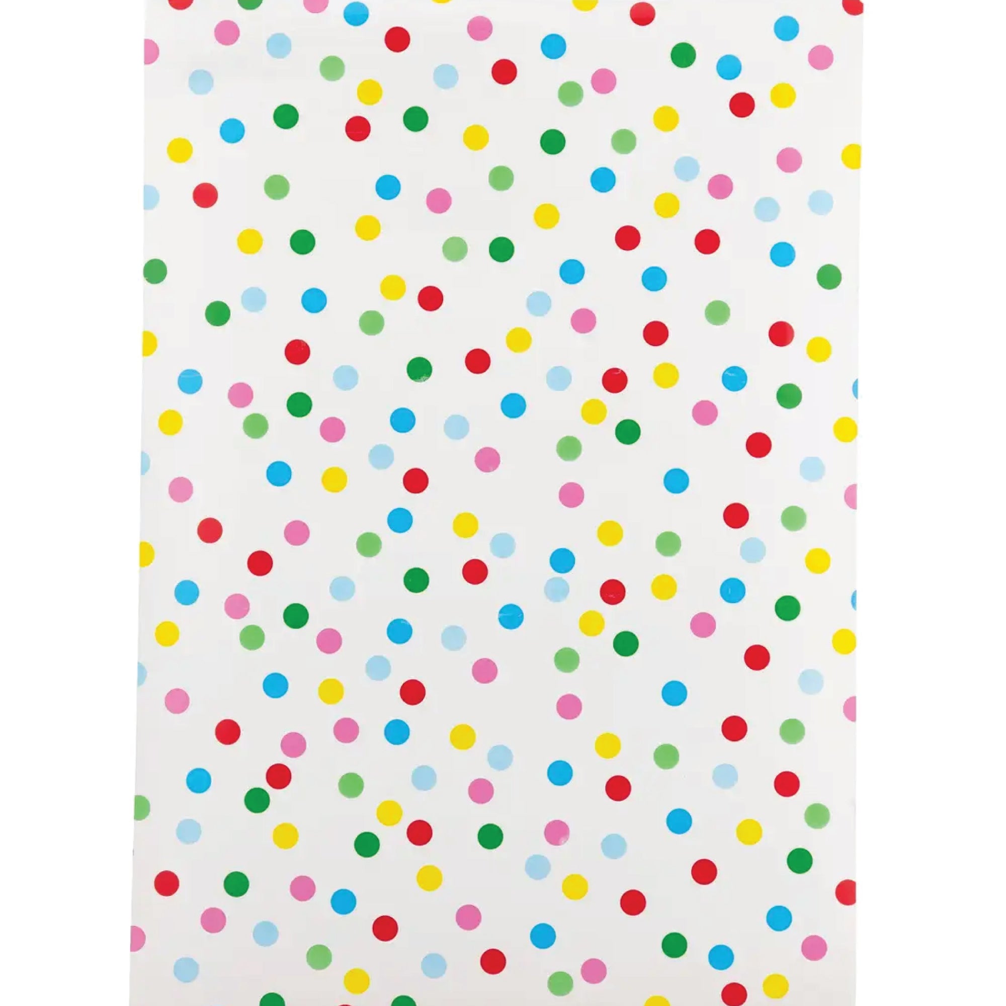 Paper table runner with multicolor polka dots on white background