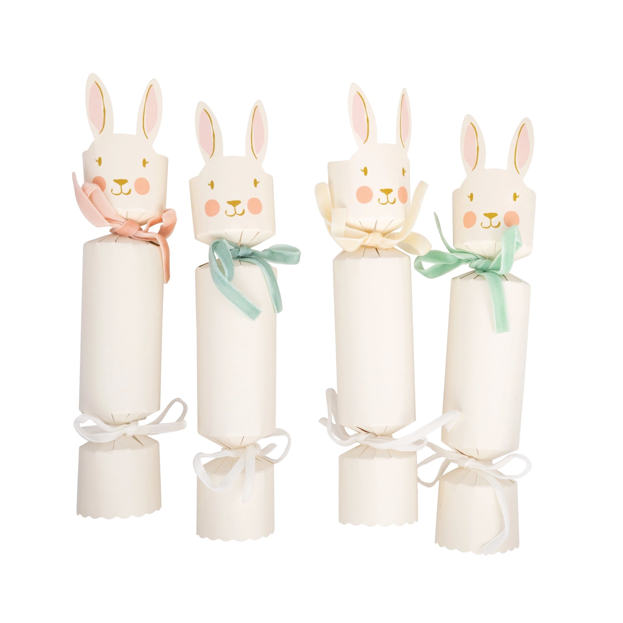 Bunny shaped Easter party crackers with pastel ribbon ties