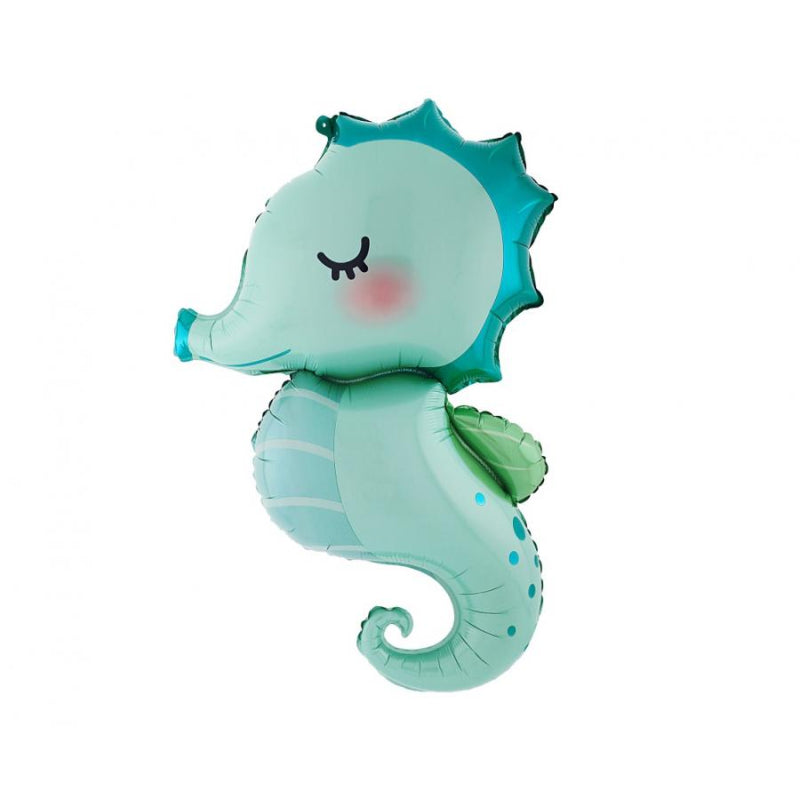 Sea horse shaped foil balloon in aqua, 28 inches tall