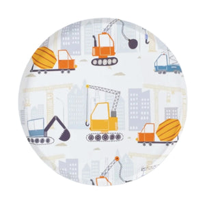 Construction-themed dessert plate with illustrated dump trucks and cranes