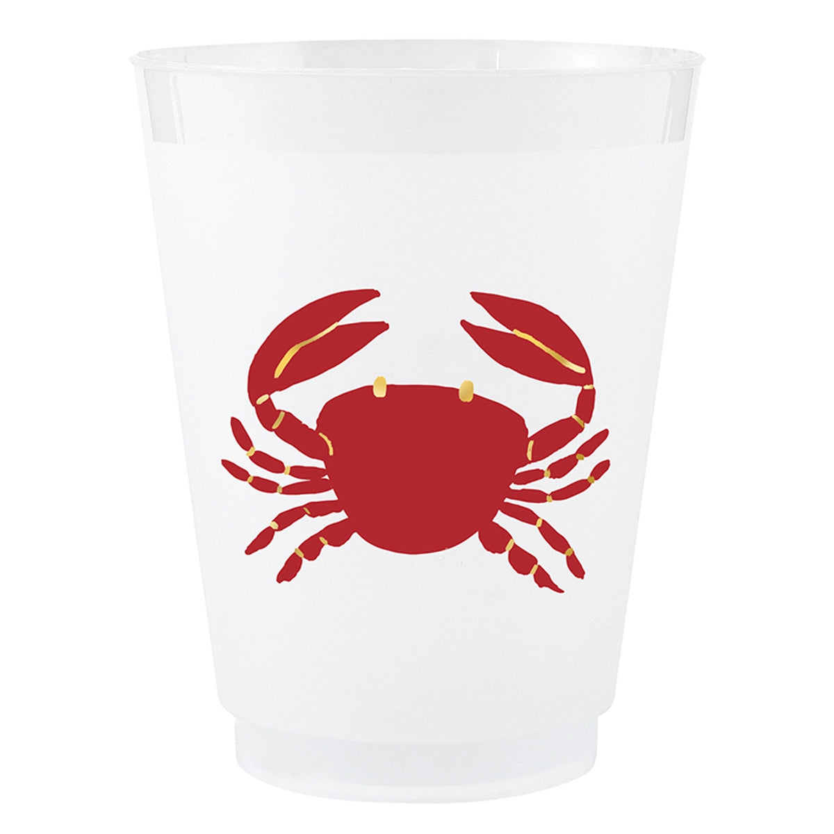 Frosted plastic party cup with red crab illustration and gold foil accents