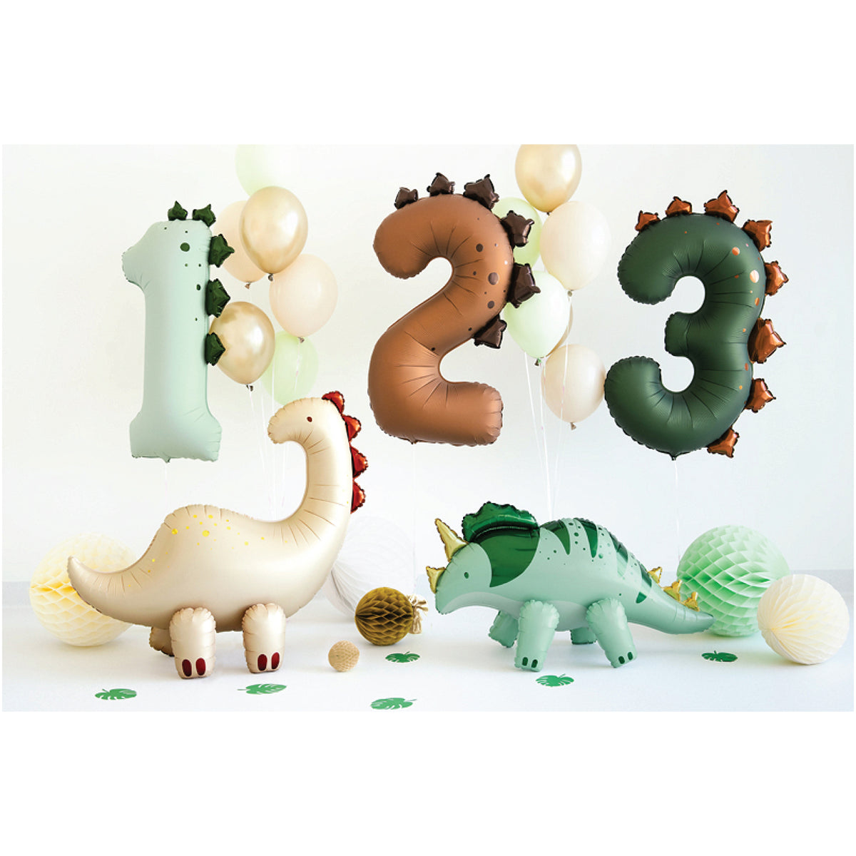 Neutral brontosaurus foil balloon for a dinosaur birthday party
