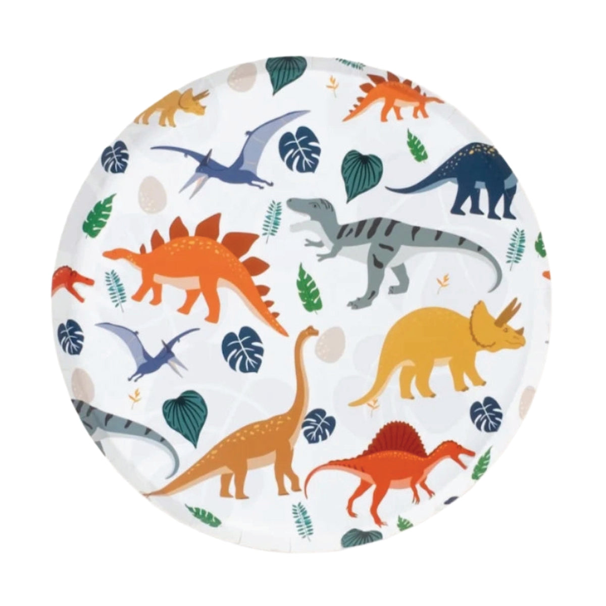 Dinosaur-themed paper dessert plate with colorful illustrations