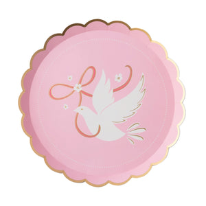 Pink scalloped paper dessert plate with white dove illustration