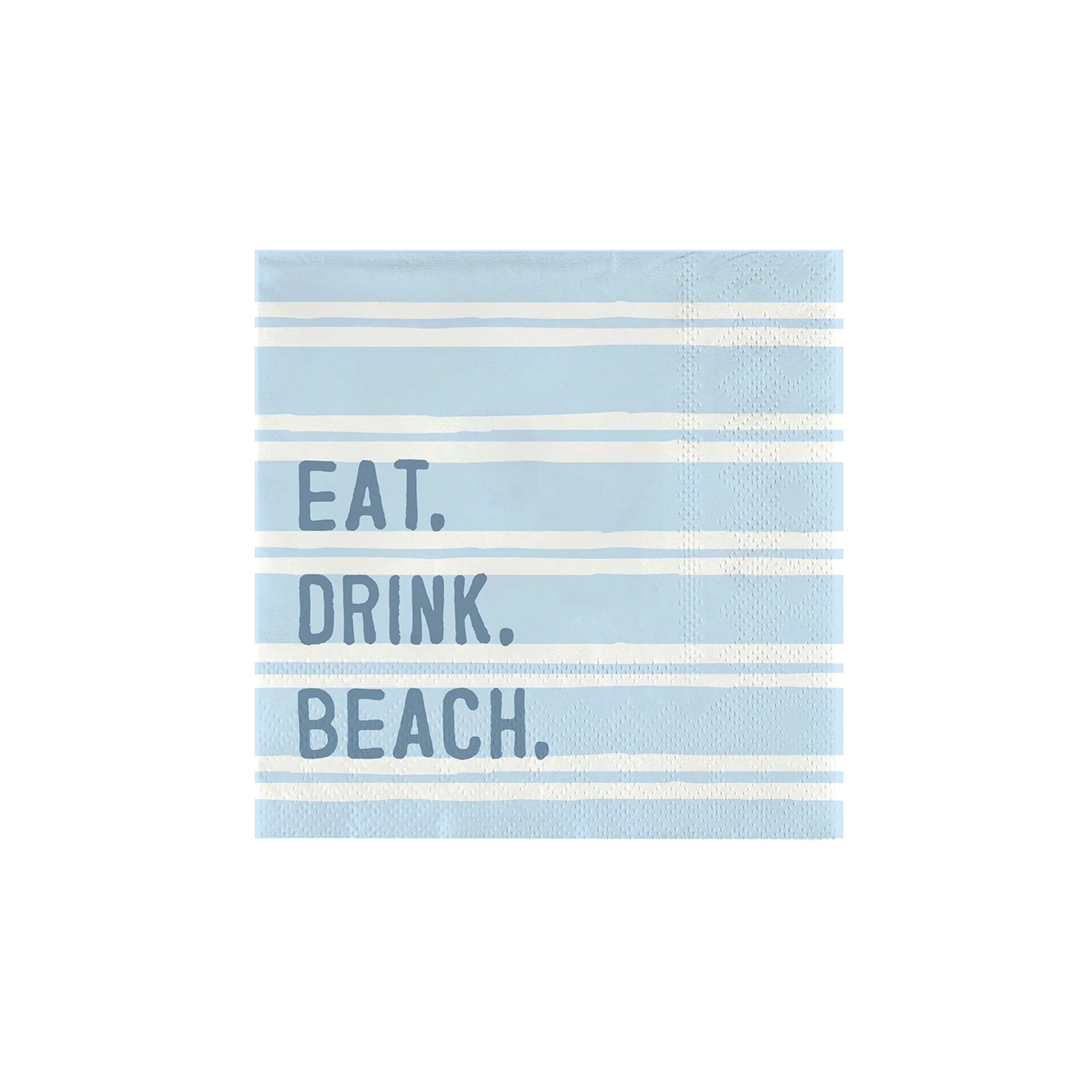 Blue striped beach party napkins with coastal wording Eat Drink Beach