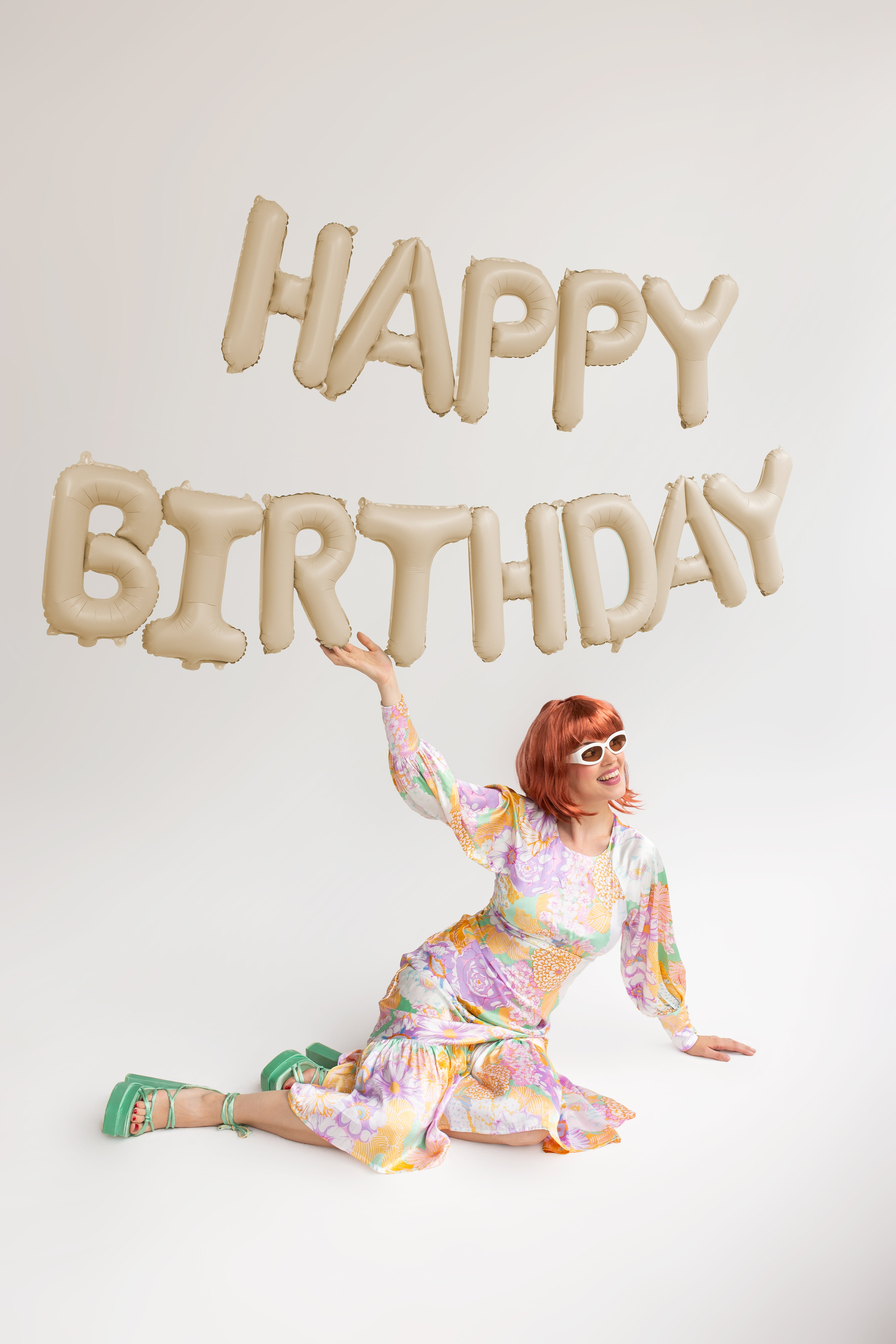 Matte Beige Happy Birthday Balloons Hanging | The Party Darling