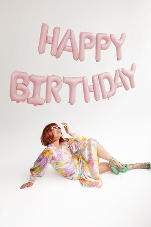 Matte Pink Happy Birthday Foil Balloons Hanging | The Party Darling
