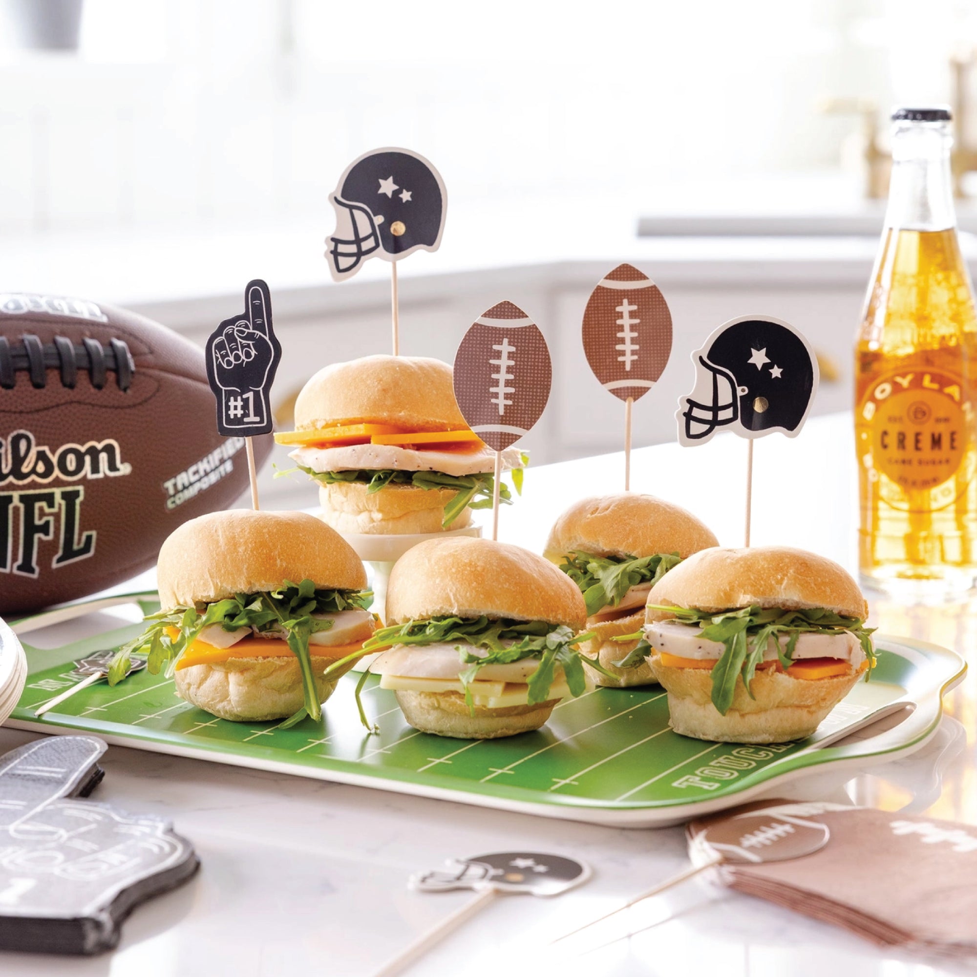 Football party food picks with helmet and foam finger
