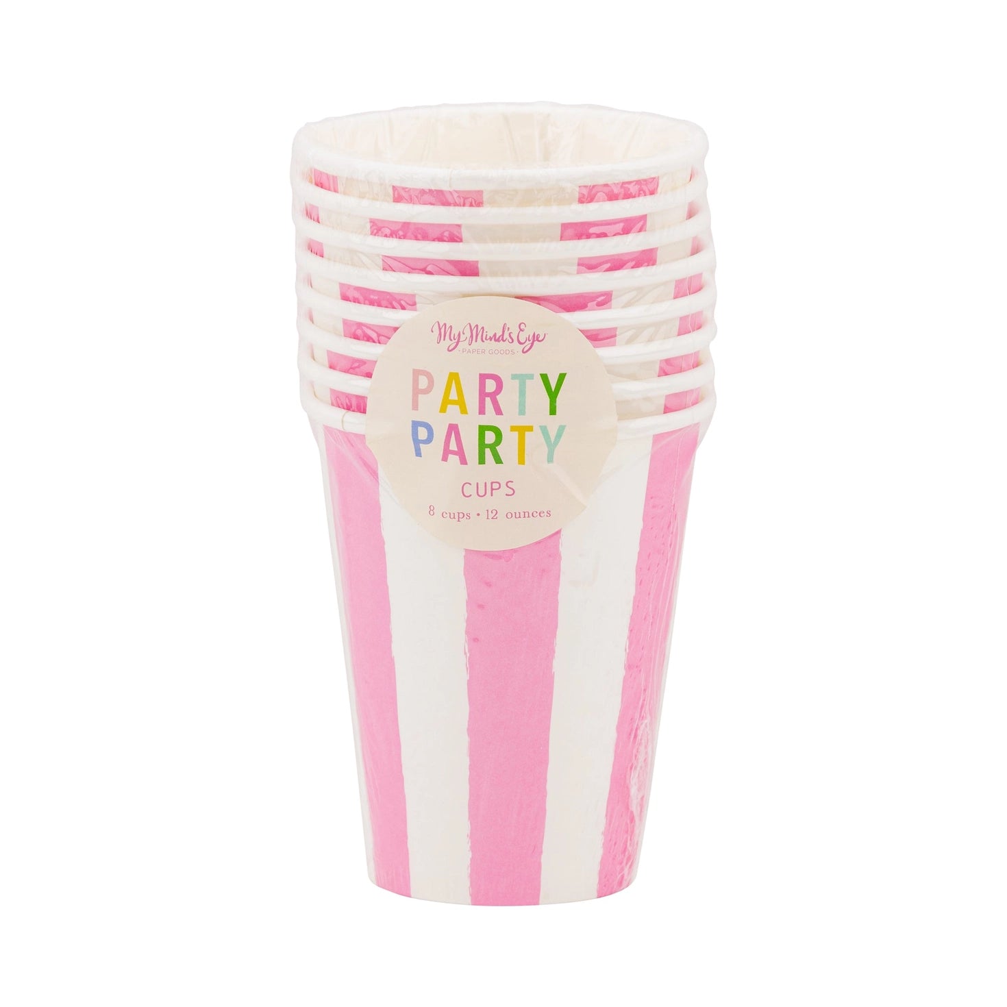 Set of fuchsia pink and white striped paper cups in a package