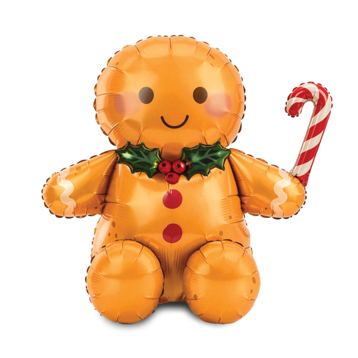 Giant Sitting Gingerbread Man Foil Balloon 33in featuring a smiling gingerbread character holding a red and white candy cane.