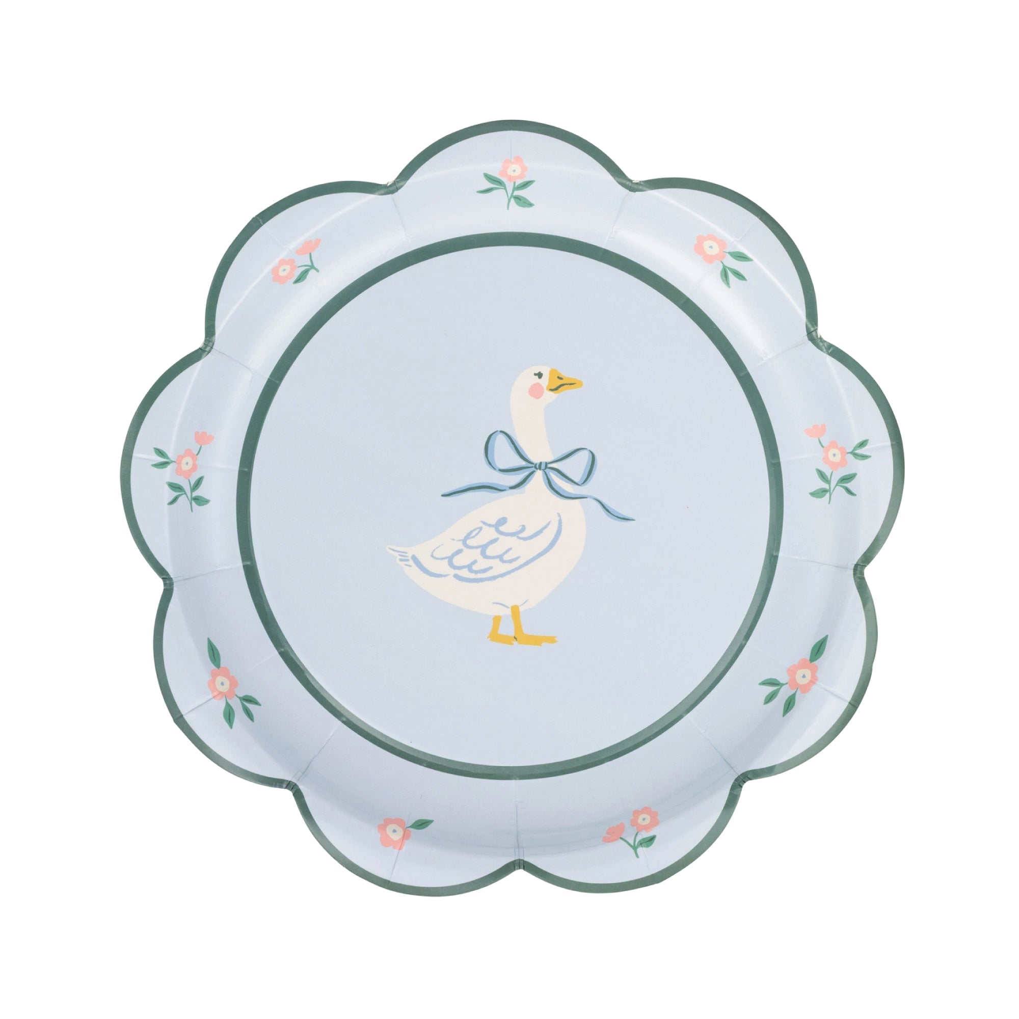 Blue scalloped dessert plate with goose illustration