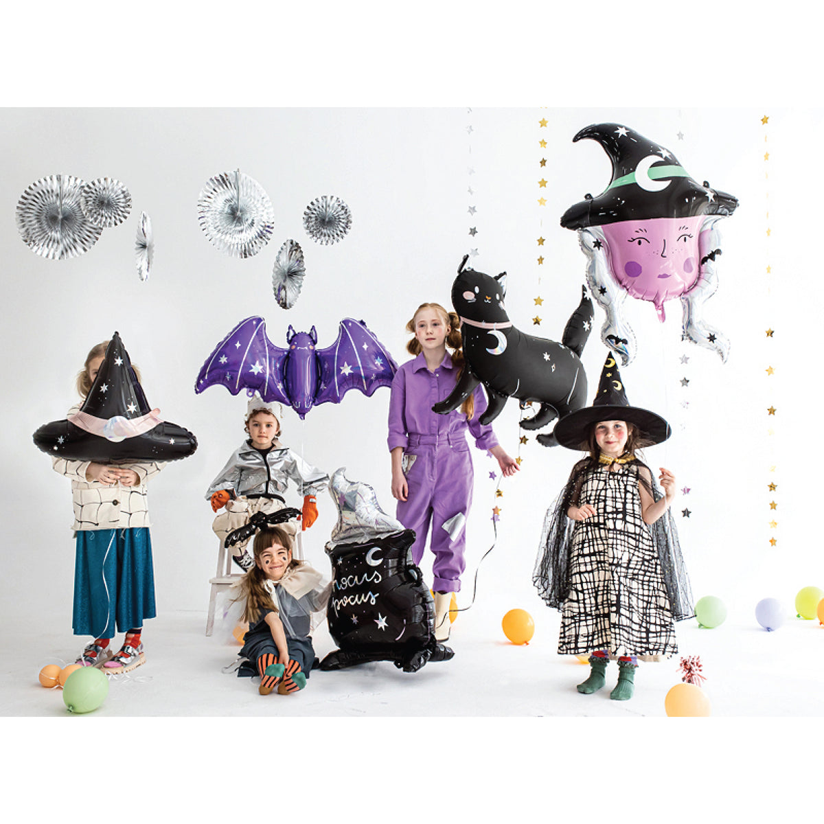 Black Halloween cat foil balloon with pink cheeks and star details