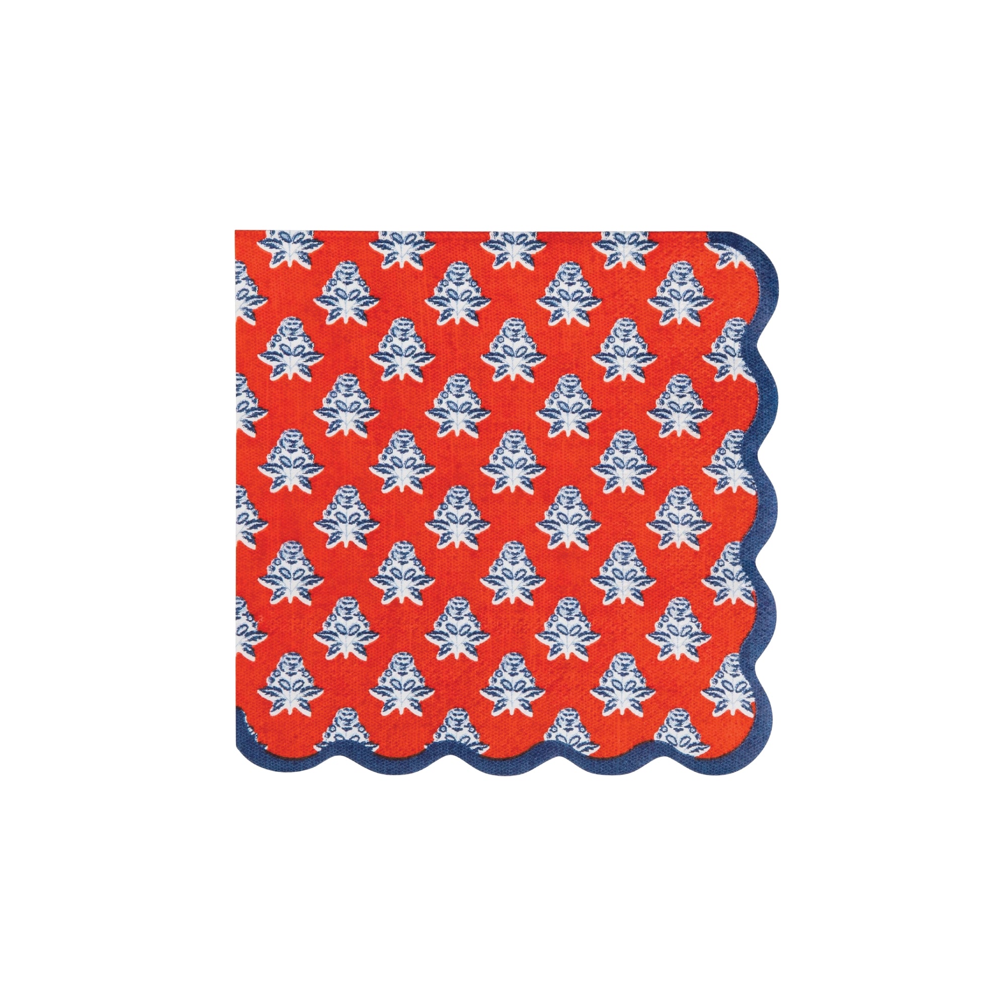 Hamptons sytle red floral dessert napkins with blue scalloped edge