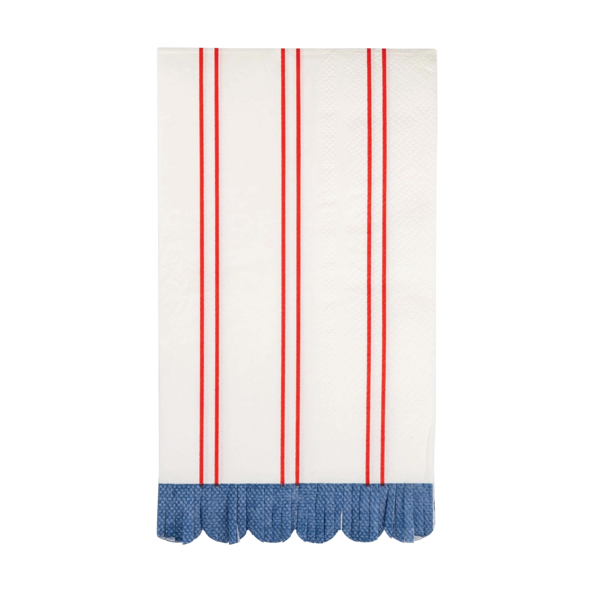Red striped guest towels with blue scalloped fringe edge