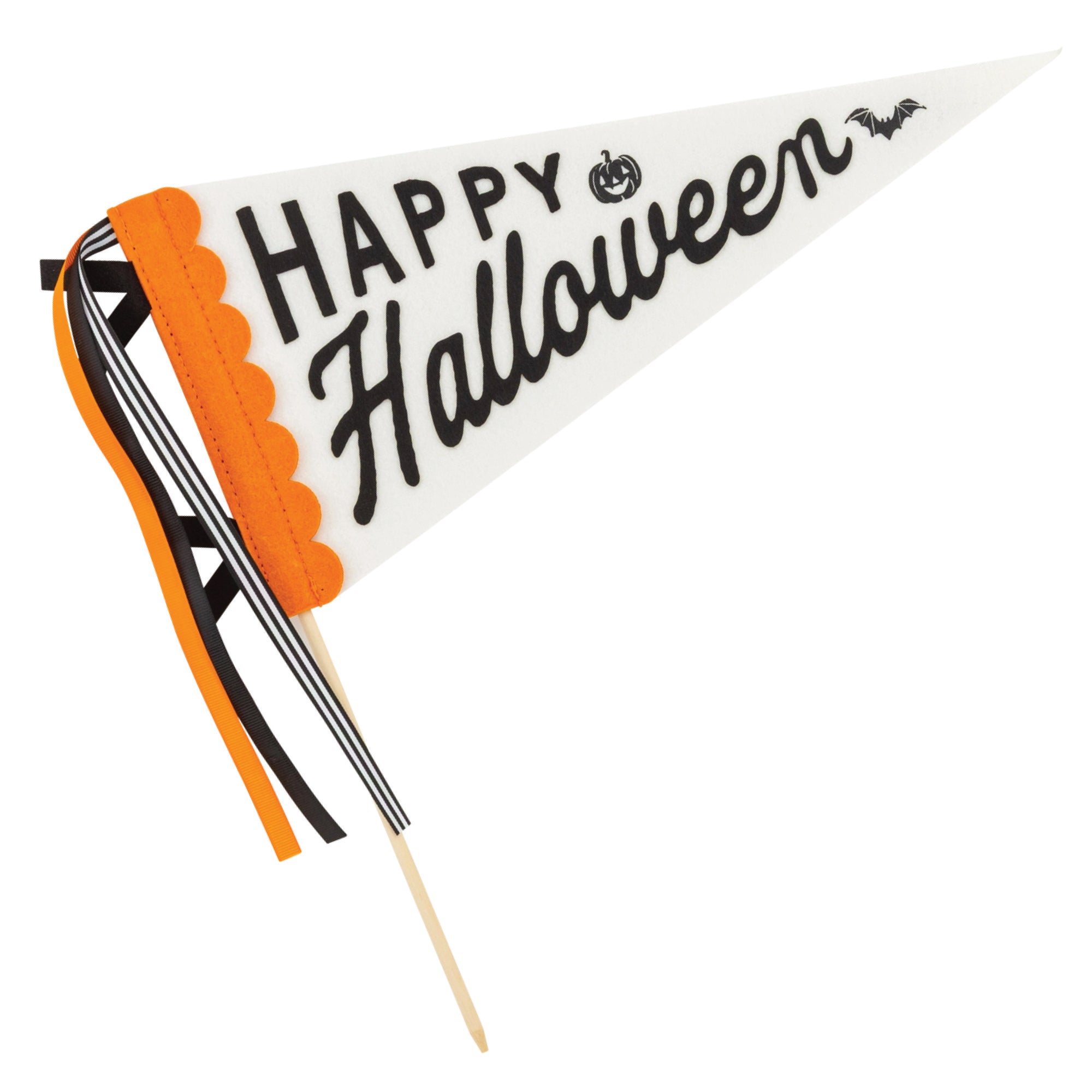 Happy Halloween felt pennant flag with black lettering and orange scalloped edge
