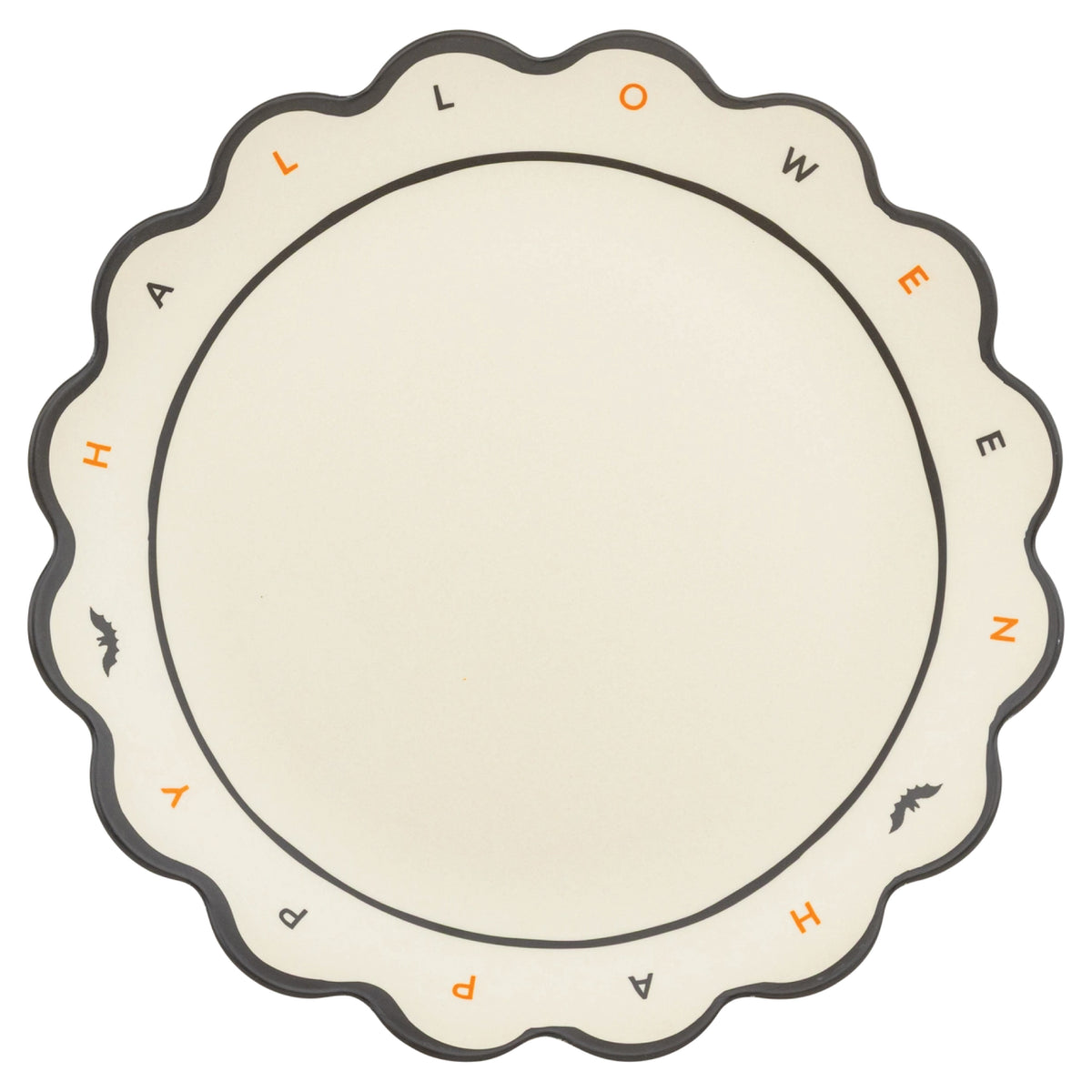 Happy Halloween Scalloped Bamboo Tray with cream, black, and orange design