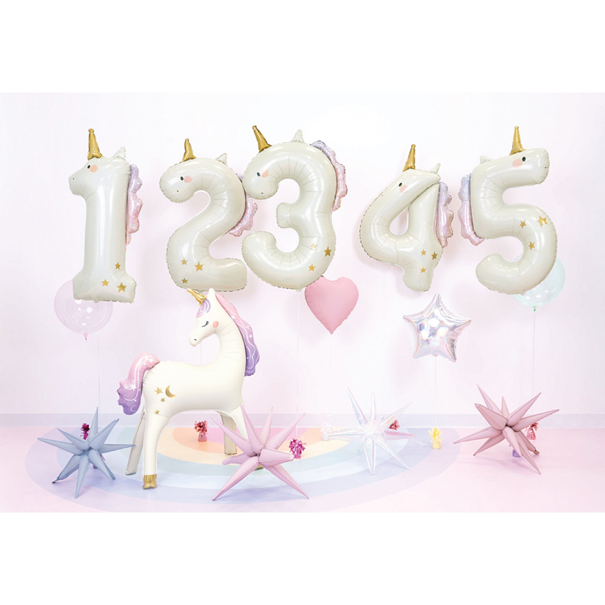 White unicorn shaped number balloon with pink mane