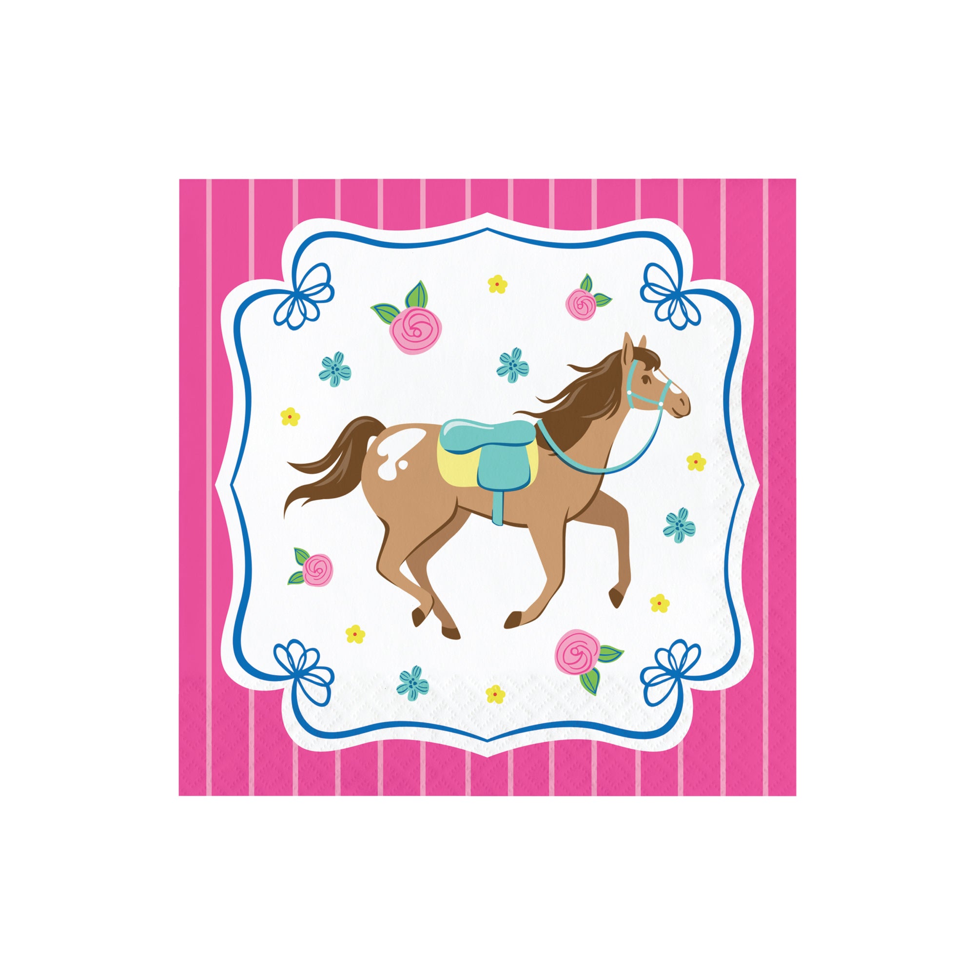 Horse-themed lunch napkin with pink striped background