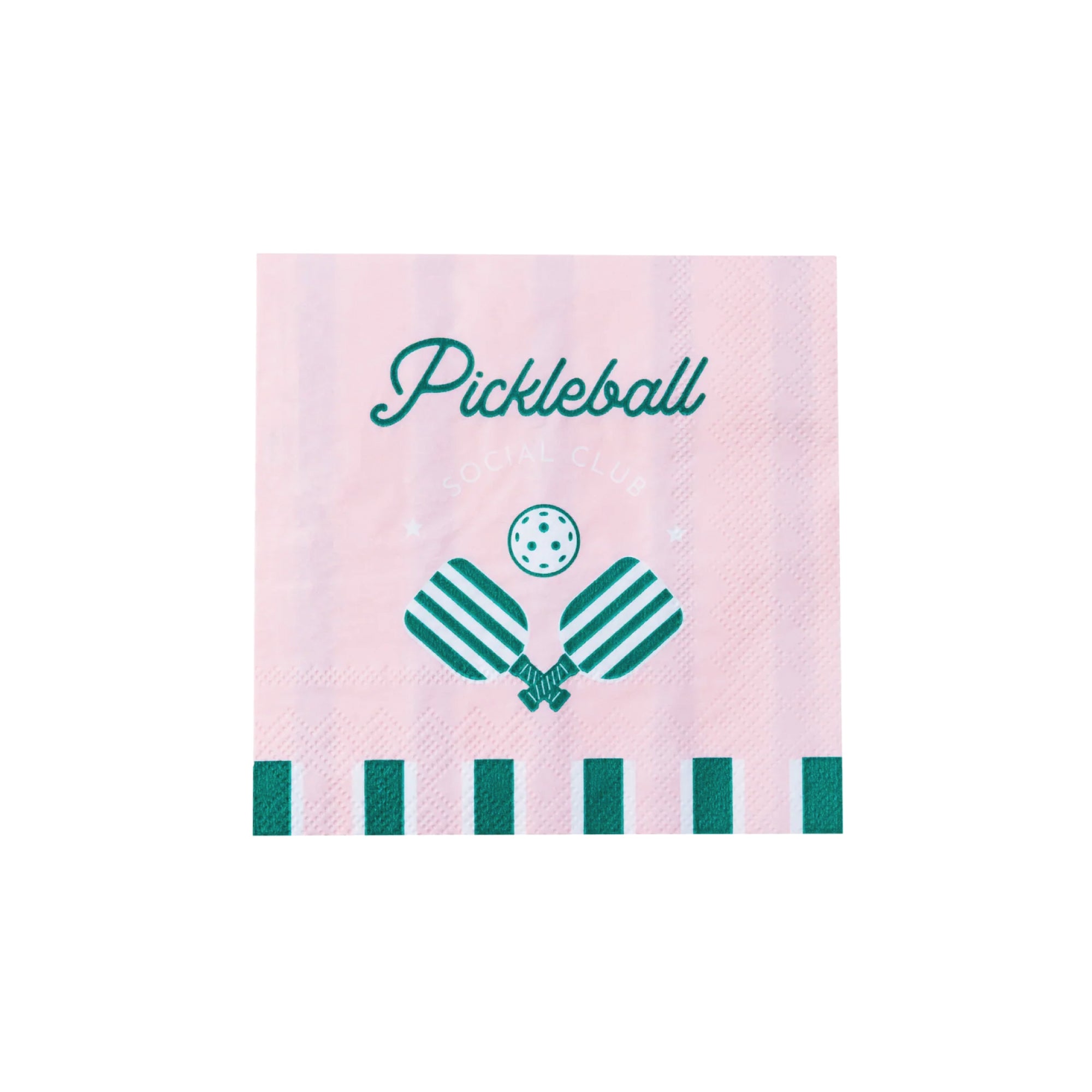 Pink pickleball dessert napkins with green paddle illustration