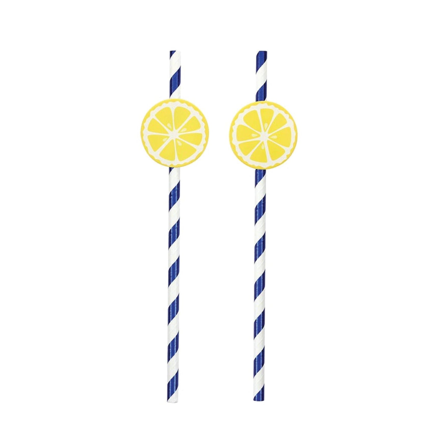Blue and white striped paper straw with lemon slice topper