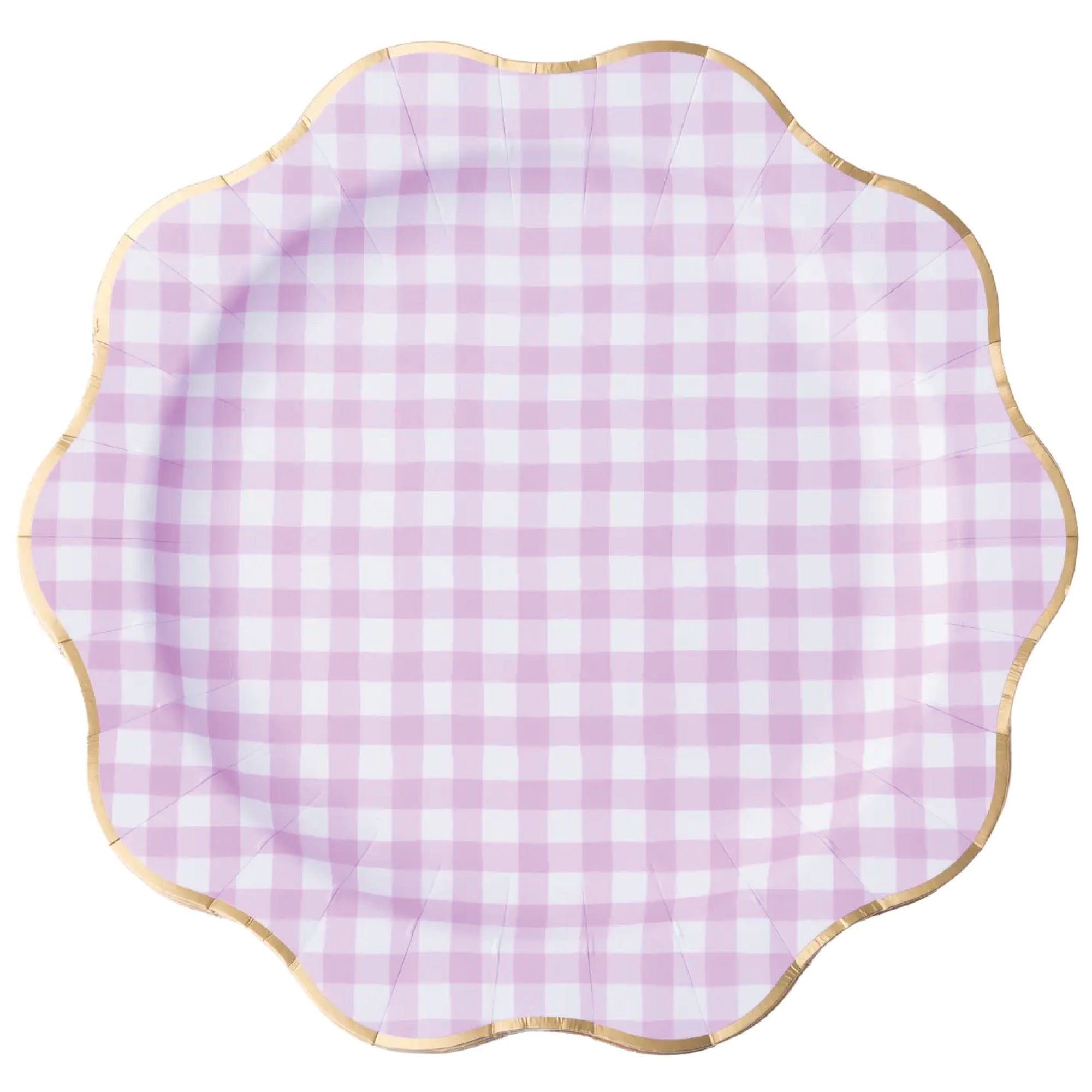 Lilac gingham dinner plates with scalloped gold foil edge