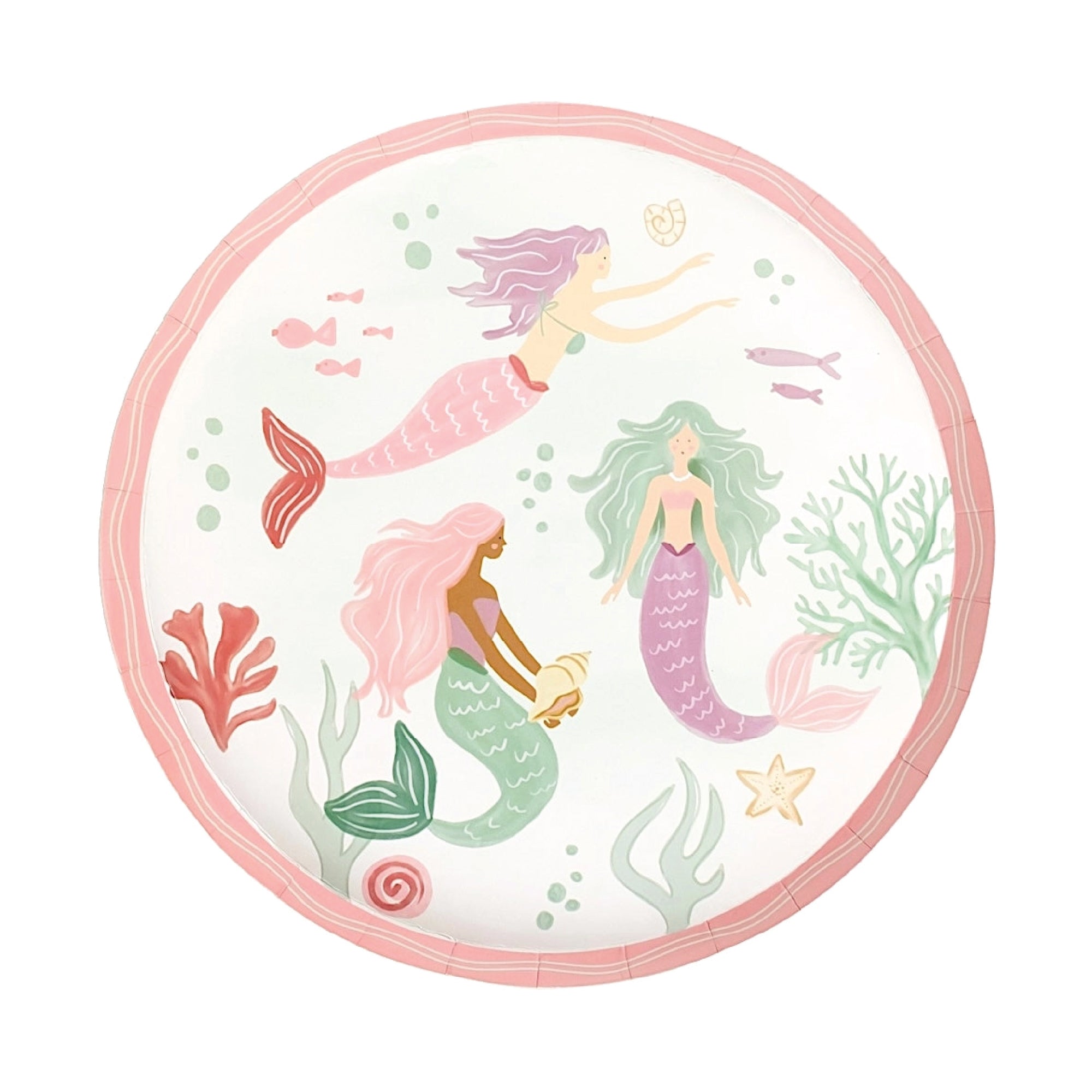 Round paper dessert plate with illustrated mermaids