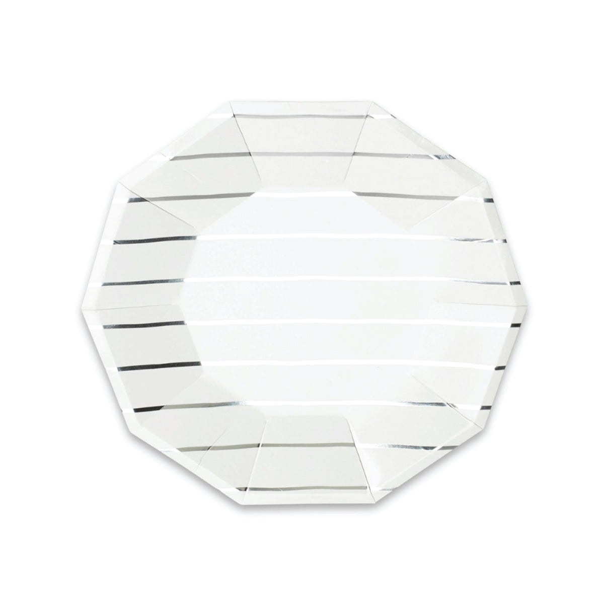Decagon-shaped metallic silver striped dessert paper plate