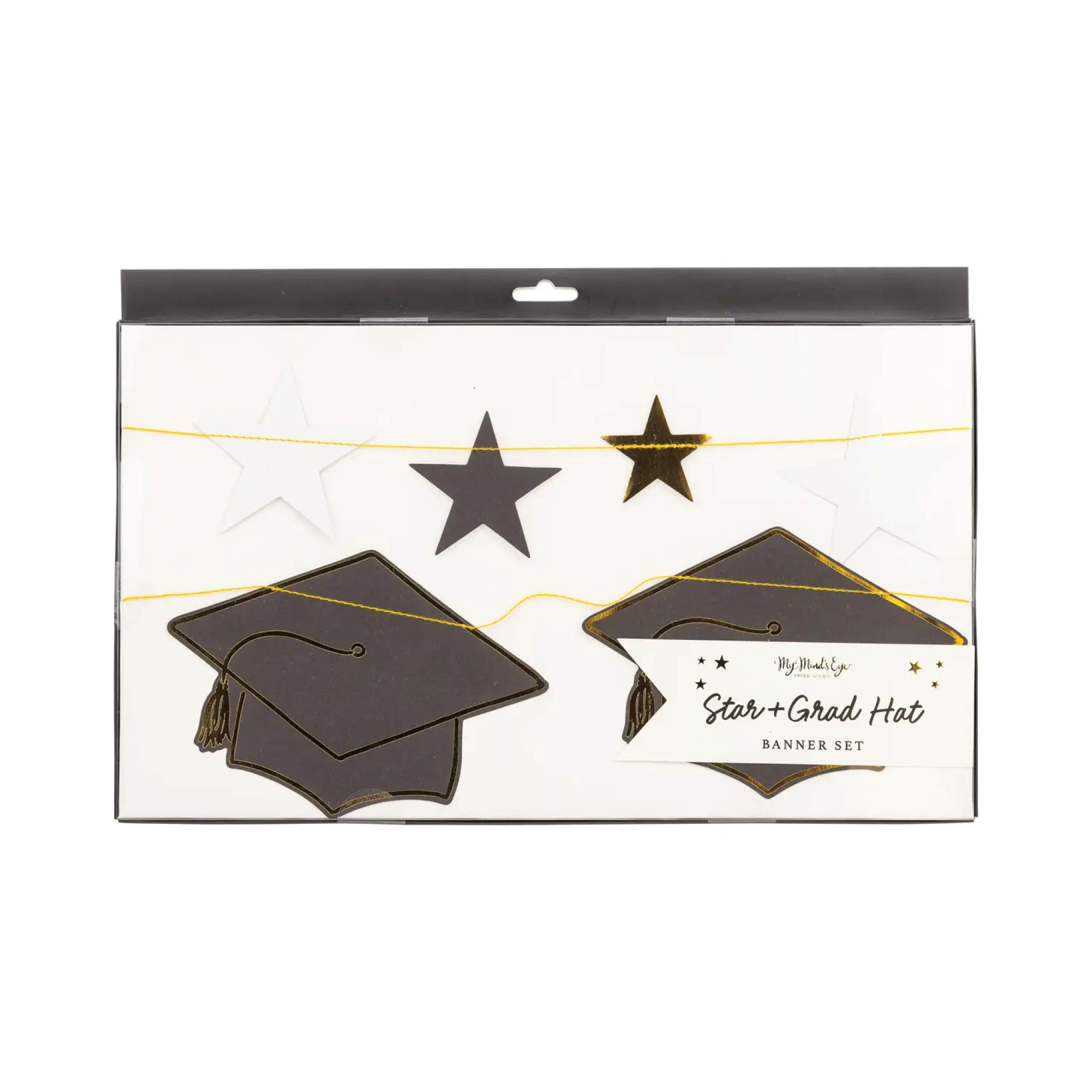Graduation party banner with black caps and gold accents