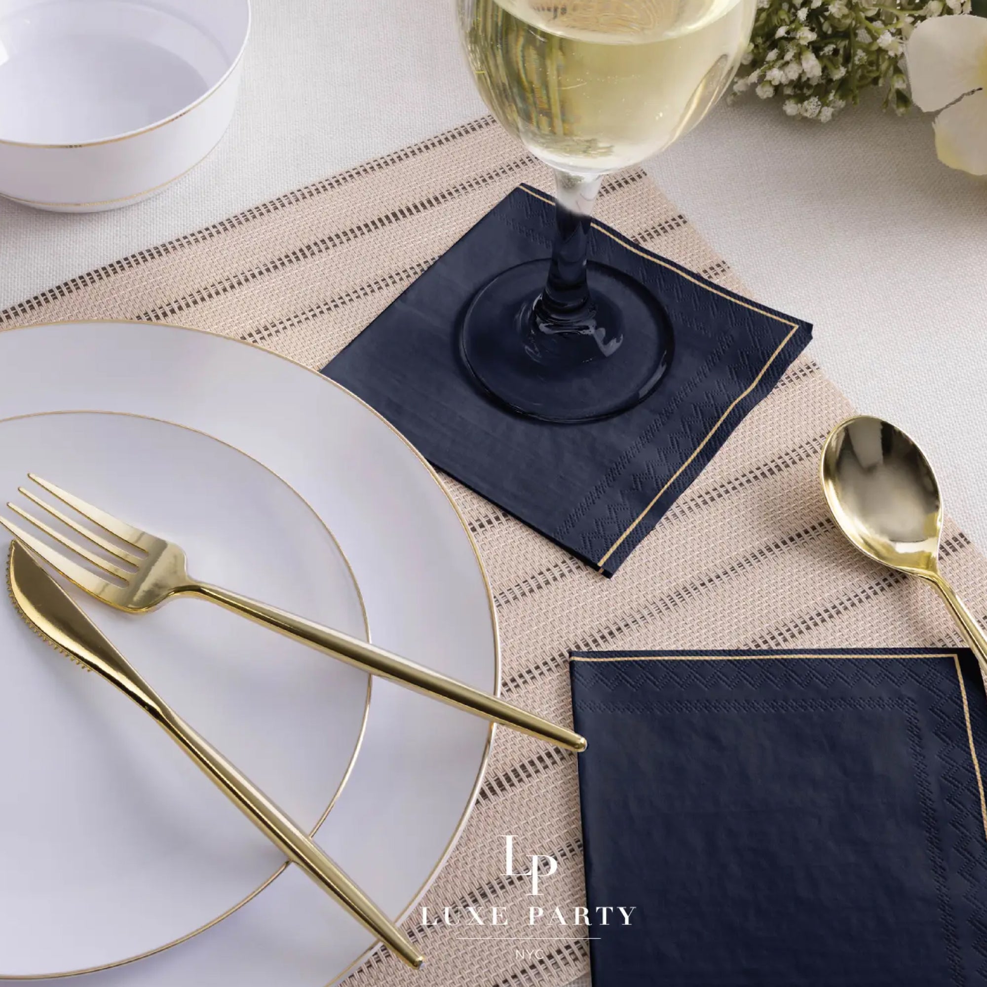 Navy & Gold Stripe Paper Dessert Napkins 20ct Place Setting