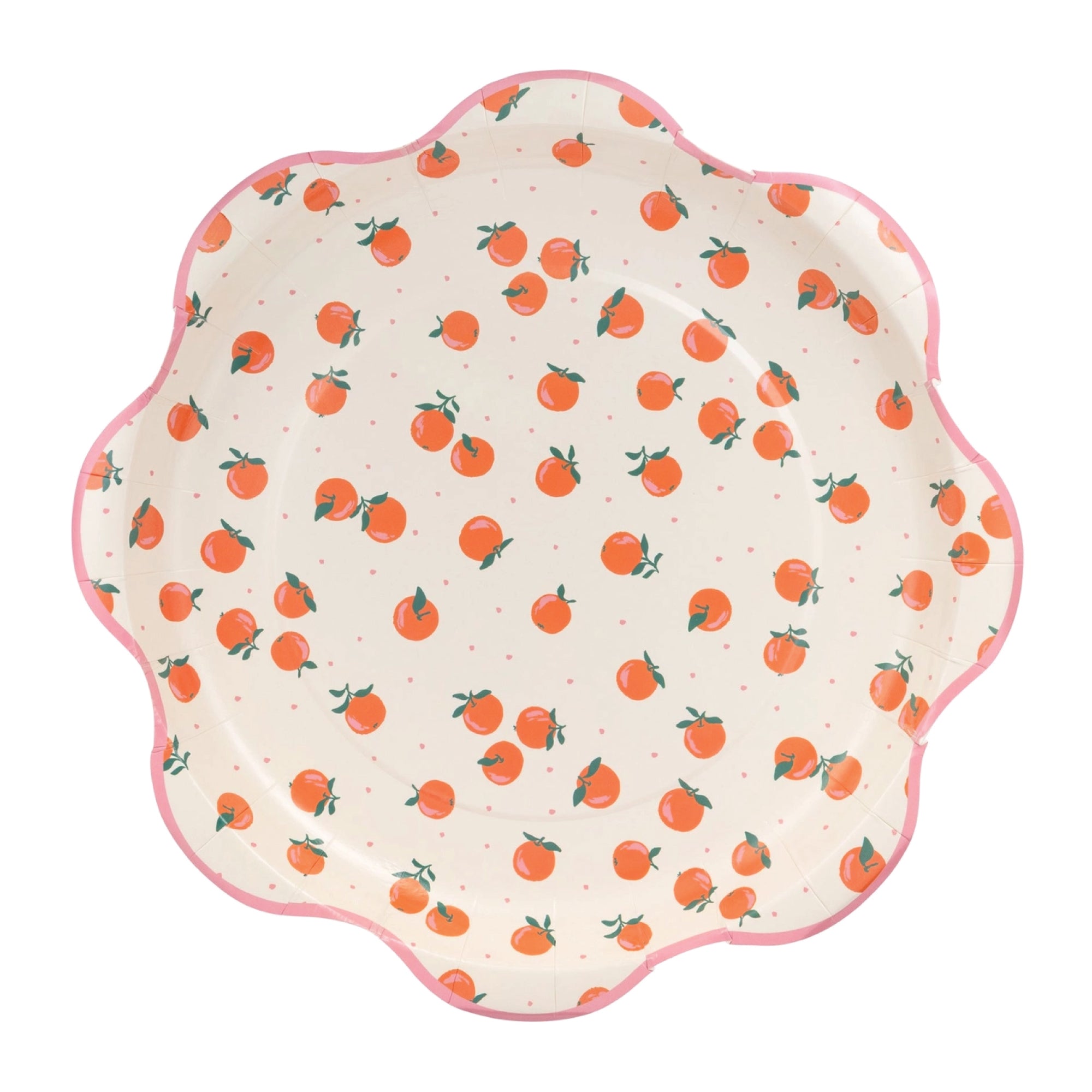 Scalloped lunch plates with orange fruit pattern