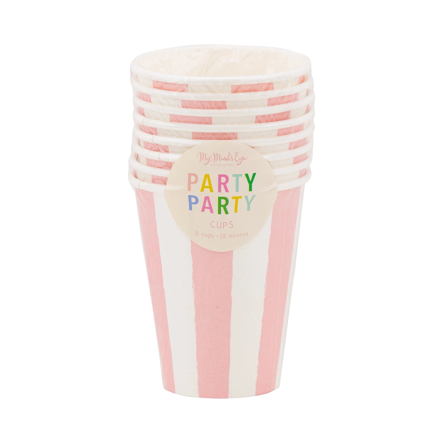 Set of pink and white striped party cups in package