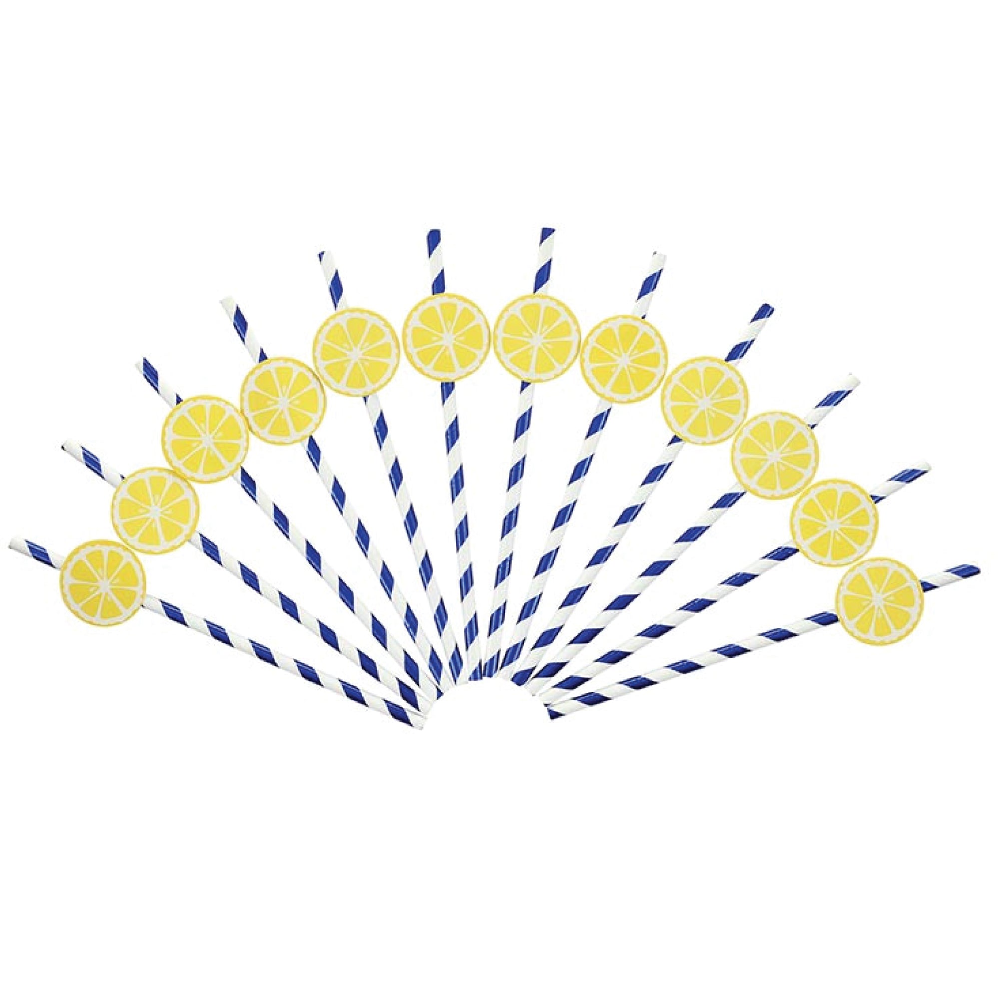Lemon themed paper party straws in blue and white